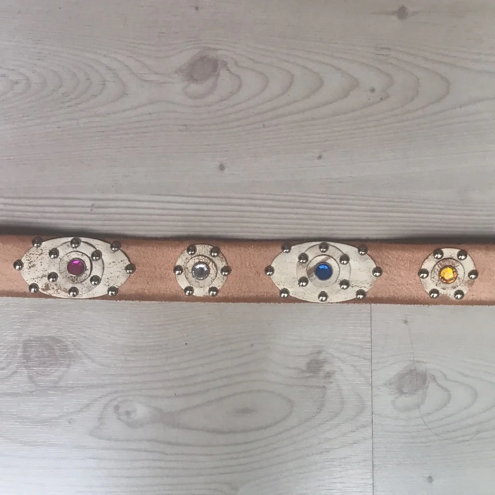 Linea Pelle Studded Leather Belt Y2K Western Boho Hippie Solid Brass